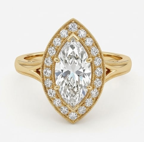 2.00 CT Lab grown diamond Lab-Grown Ring in Yellow gold: An exceptional 2.00 carat lab-grown lab grown diamond ring, expertly crafted in luxurious Yellow gold. The marquise cut with halo and split shank design highlights the brilliance of the lab-grown