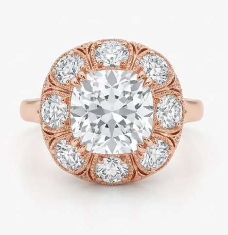 4.00 CT Lab grown diamond Lab-Grown Ring in Rose gold: An exceptional 4.00 carat lab-grown lab grown diamond ring, expertly crafted in luxurious Rose gold. The cushion cut with vintage floral halo design highlights the brilliance of the lab-grown center s