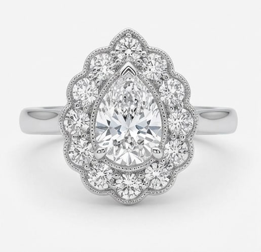 3.00 CT Lab grown diamond Lab-Grown Ring in White Gold: An exceptional 3.00 carat lab-grown lab grown diamond ring, expertly crafted in luxurious White Gold. The pear cut with floral diamond halo design highlights the brilliance of the lab-grown center sto