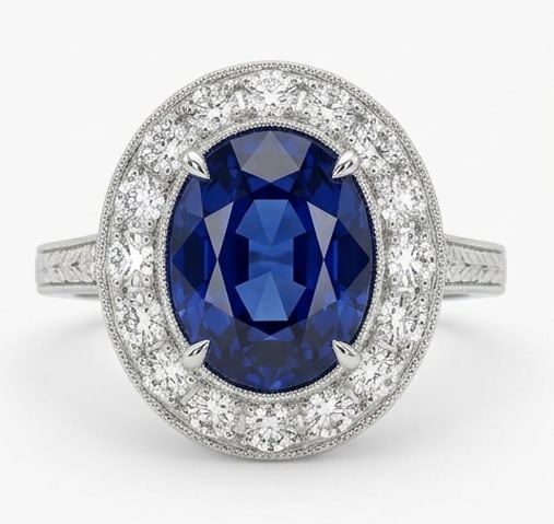 10.00 CT Sapphire Lab-Grown Ring in White Gold: An exceptional 10.00 carat lab-grown sapphire ring, expertly crafted in luxurious White Gold. The oval cut with diamond halo and engraved band design highlights the brilliance of the lab-grown center