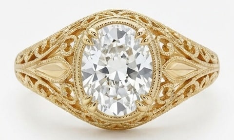 6.00 CT Lab grown diamond Lab-Grown Ring in Yellow gold: An exceptional 6.00 carat lab-grown lab grown diamond ring, expertly crafted in luxurious Yellow gold. The oval cut in wide vintage filigree setting design highlights the brilliance of the lab-grown