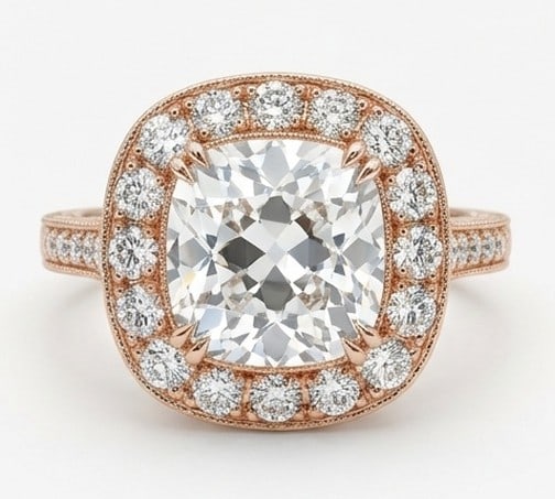4.00 CT Lab grown diamond Lab-Grown Ring in Rose gold: An exceptional 4.00 carat lab-grown lab grown diamond ring, expertly crafted in luxurious Rose gold. The cushion cut with halo and pave band design highlights the brilliance of the lab-grown center