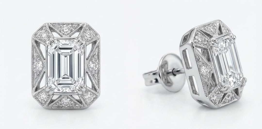 3.00 CT Lab grown diamond Lab-Grown Earring in White Gold: An exceptional 3.00 carat lab-grown lab grown diamond earring, expertly crafted in luxurious White Gold. The emerald cut art deco geometric halo design highlights the brilliance of the lab-grown cente