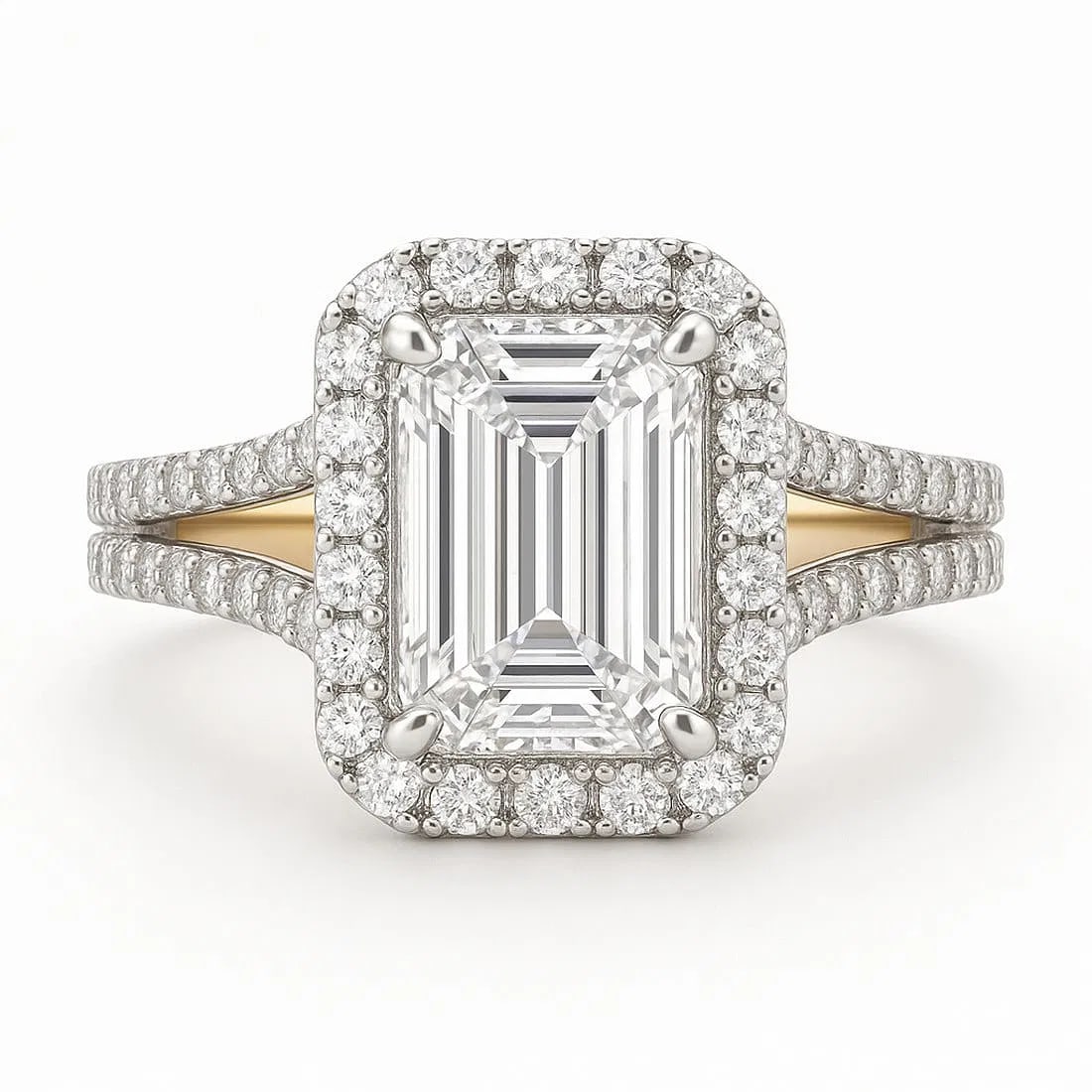10.00 CT Lab grown diamond Lab-Grown Ring in White Gold: An exceptional 10.00 carat lab-grown lab grown diamond ring, expertly crafted in luxurious White Gold. The emerald cut split-shank halo design highlights the brilliance of the lab-grown center stone,