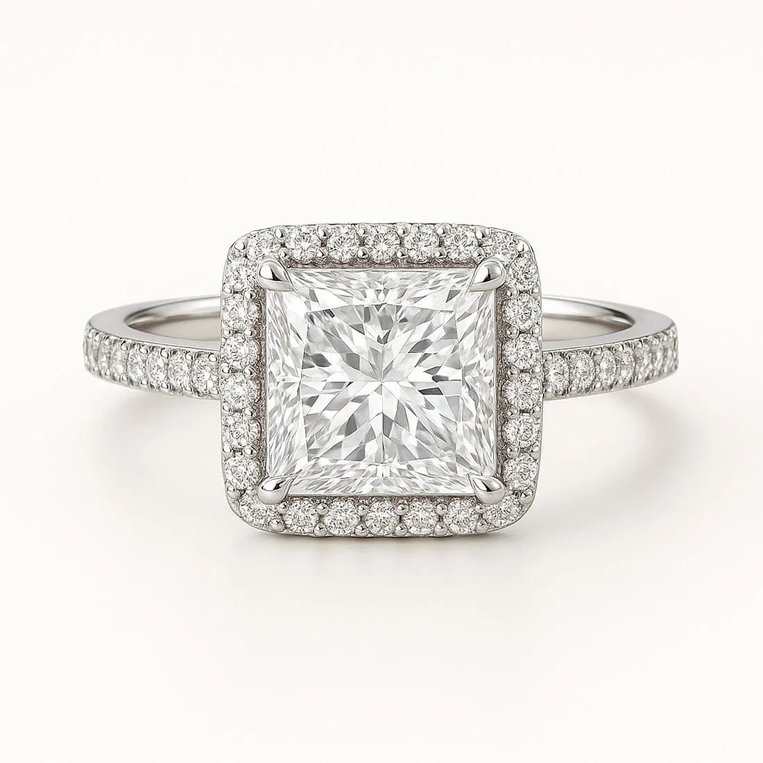 4.00 CT Lab grown diamond Lab-Grown Ring in White Gold: An exceptional 4.00 carat lab-grown lab grown diamond ring, expertly crafted in luxurious White Gold. The princess cut halo with pave band design highlights the brilliance of the lab-grown center ston