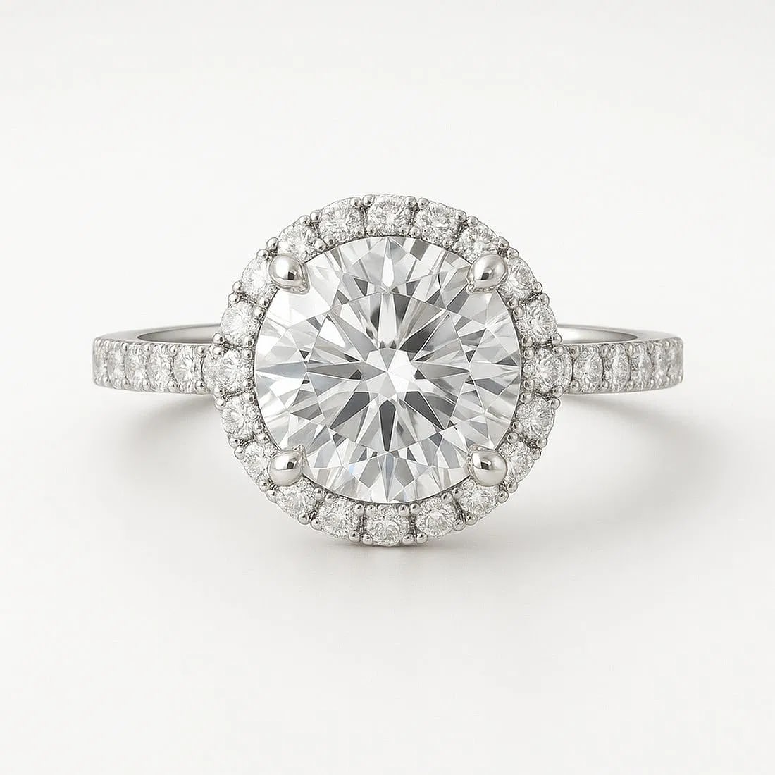 4.00 CT Lab grown diamond Lab-Grown Ring in White Gold: An exceptional 4.00 carat lab-grown lab grown diamond ring, expertly crafted in luxurious White Gold. The round cut halo with pave band design highlights the brilliance of the lab-grown center stone,