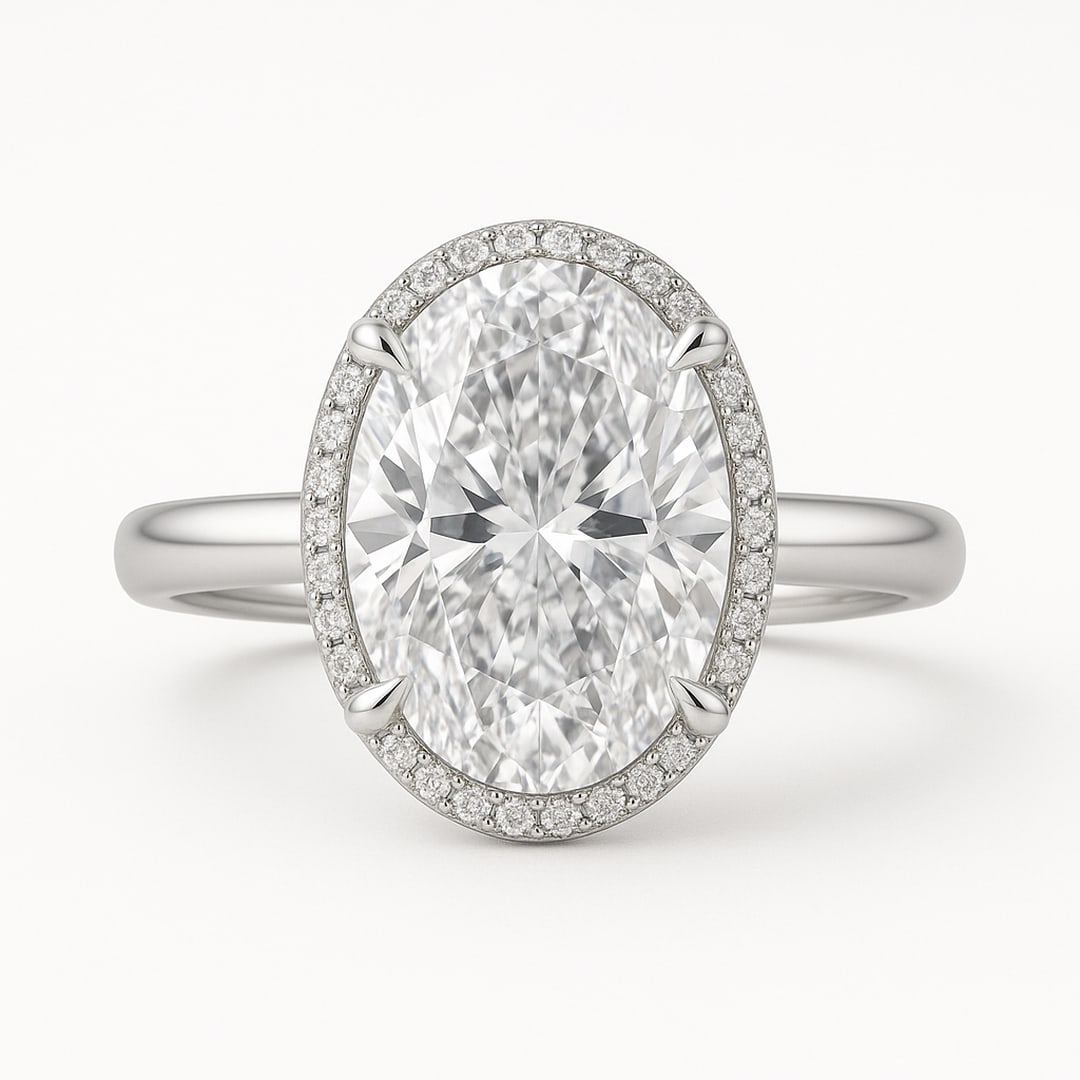 2.5 CT Natural Oval-Cut Diamond Halo Ring in 14K White Gold, Exquisite Pavé Halo, GIA Certified: An exceptional 2.5 carat natural oval-cut diamond ring, masterfully crafted in luxurious 14K White Gold and designed to embody refined elegance and lasting beauty. The center diamond is beautifully co