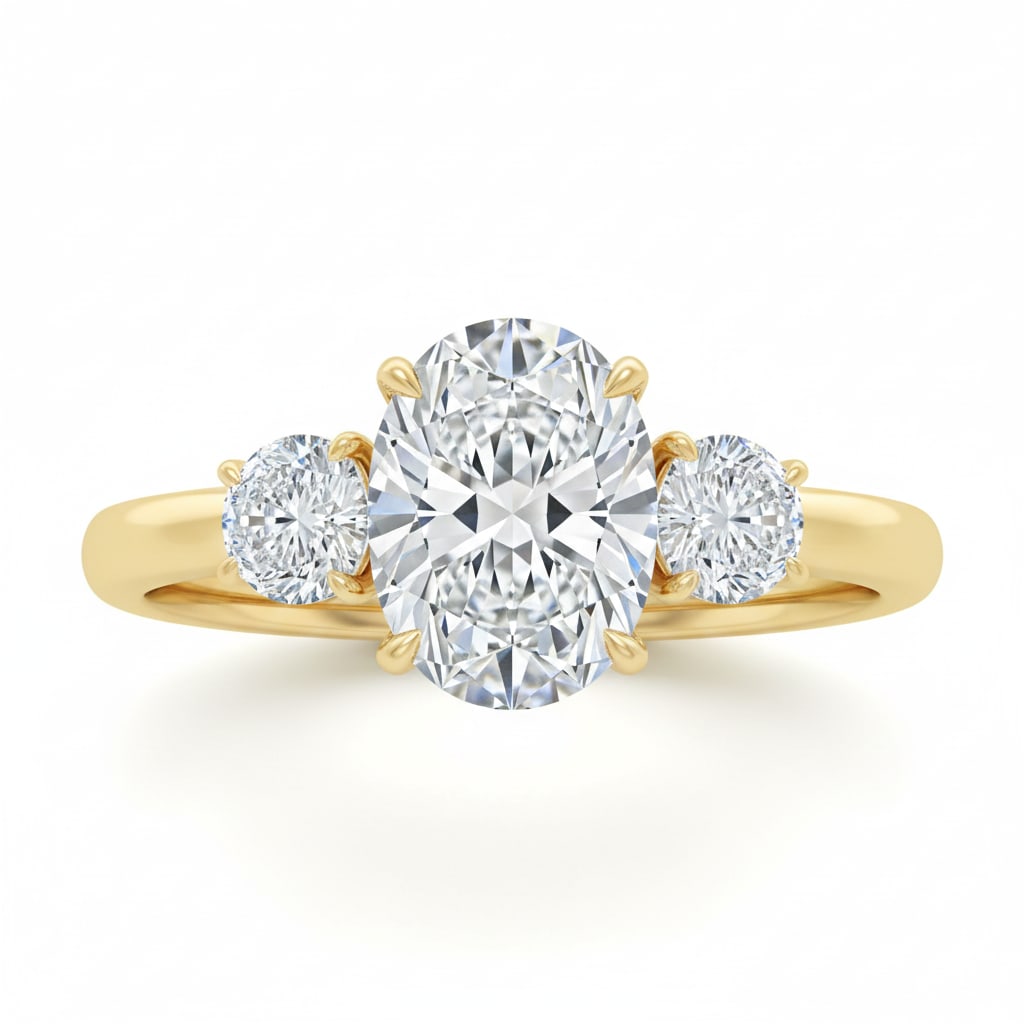 1.7 CT Natural Oval-Cut Diamond Three-Stone Ring in 14K Yellow Gold, Refined Side Stone Setting, IGI (1 of 3)