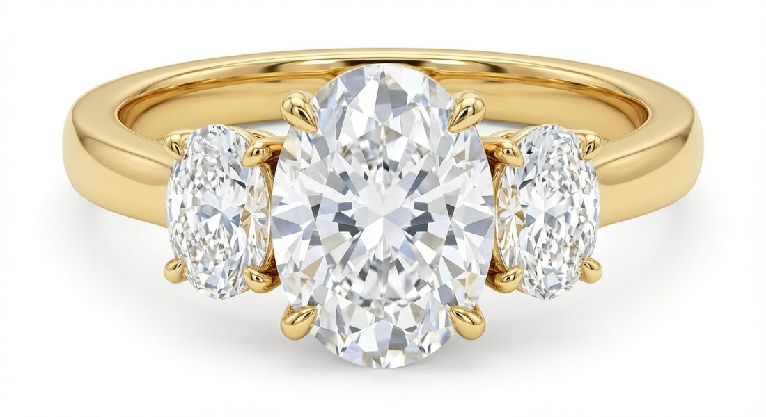 1.7 CT Natural Oval-Cut Diamond Three-Stone Ring in 14K Yellow Gold, Refined Side Stone Setting, IGI (1 of 3)