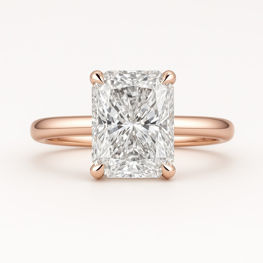 1.8 CT Natural Radiant-Cut Diamond Solitaire Ring in 14K Rose Gold, Sophisticated Finish, GIA: An exceptional 1.8 carat natural radiant-cut diamond ring, masterfully crafted in luxurious 14K Rose Gold and designed to embody refined elegance and lasting beauty. This design highlights the beauty