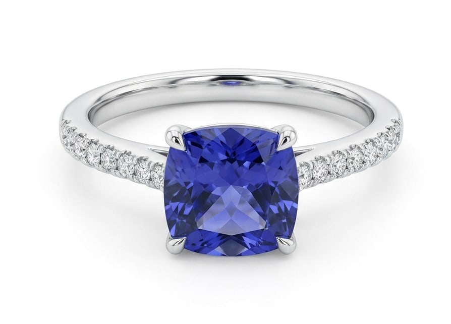 4.0 Ct Cushion Natural Tanzanite 14K White Gold Cathedral Solitaire with Pave Shank Ring –: This certified fine jewelry piece features a 4.0 carat natural Tanzanite in a Cushion cut, crafted in 14K White Gold. The Cathedral Solitaire with Pave Shank design highlights the beauty of the natura