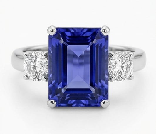 5.0 Ct Emerald Natural Tanzanite 14K White Gold Three-Stone Setting Ring – Certified: This certified fine jewelry piece features a 5.0 carat natural Tanzanite in a Emerald cut, crafted in 14K White Gold. The Three-Stone Setting design highlights the beauty of the natural center stone.