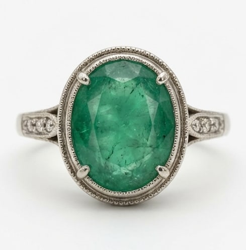 3.5 Ct Oval Natural Emerald 14K White Gold Vintage Bezel Set Halo Ring – Certified: This certified fine jewelry piece features a 3.5 carat natural Emerald in a Oval cut, crafted in 14K White Gold. The Vintage Bezel Set Halo design highlights the beauty of the natural center stone. It