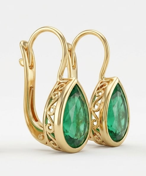 3.0 Ct Pear Natural (Pair) 14K Yellow Gold Leverback Earrings with Filigree – Certified (1 of 2)