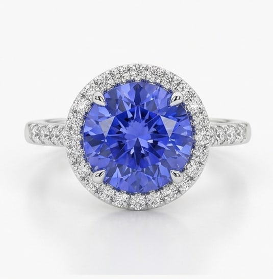 3.0 Ct Round Natural Tanzanite 14K White Gold Halo Setting with Pave Shank Ring – Certified: This certified fine jewelry piece features a 3.0 carat natural Tanzanite in a Round cut, crafted in 14K White Gold. The Halo Setting with Pave Shank design highlights the beauty of the natural center