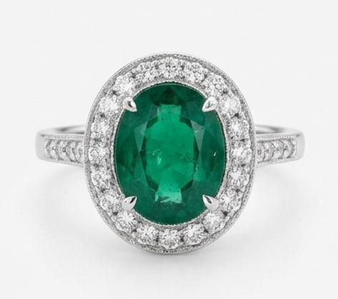3.5 Ct Oval Natural Emerald 14K White Gold Halo Setting with Vintage Shank Ring – Certified: This certified fine jewelry piece features a 3.5 carat natural Emerald in a Oval cut, crafted in 14K White Gold. The Halo Setting with Vintage Shank design highlights the beauty of the natural center