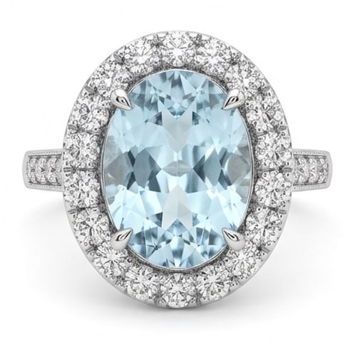 4.0 Ct Oval Natural Aquamarine 14K White Gold Halo Setting with Pave Shank Ring – Certified: This certified fine jewelry piece features a 4.0 carat natural Aquamarine in a Oval cut, crafted in 14K White Gold. The Halo Setting with Pave Shank design highlights the beauty of the natural center