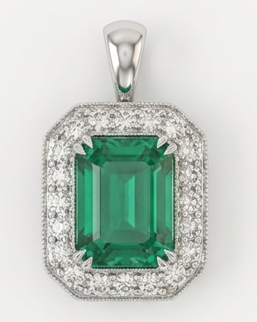 3.0 Ct Emerald Natural Emerald 14K White Gold Double Halo Pendant – Certified: This certified fine jewelry piece features a 3.0 carat natural Emerald in a Emerald cut, crafted in 14K White Gold. The Double Halo Pendant design highlights the beauty of the natural center stone. It