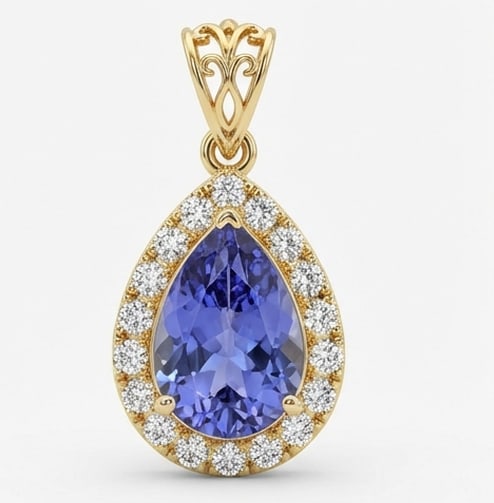 3.0 Ct Pear Natural Tanzanite 14K Yellow Gold Halo Pendant with Decorative Bail – Certified: This certified fine jewelry piece features a 3.0 carat natural Tanzanite in a Pear cut, crafted in 14K Yellow Gold. The Halo Pendant with Decorative Bail design highlights the beauty of the natural ce
