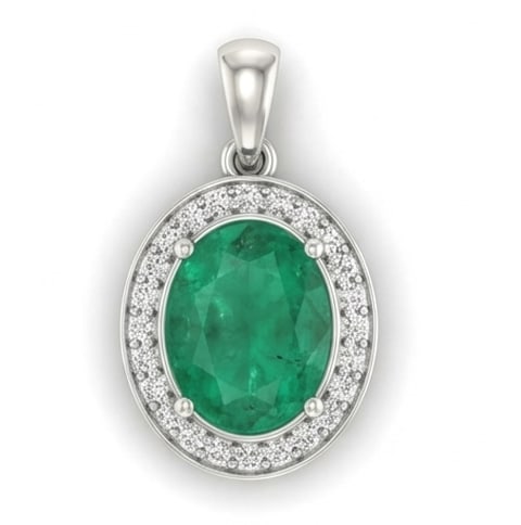 3.5 Ct Oval Natural Emerald 14K White Gold Halo Pendant – Certified: This certified fine jewelry piece features a 3.5 carat natural Emerald in a Oval cut, crafted in 14K White Gold. The Halo Pendant design highlights the beauty of the natural center stone. It is accent