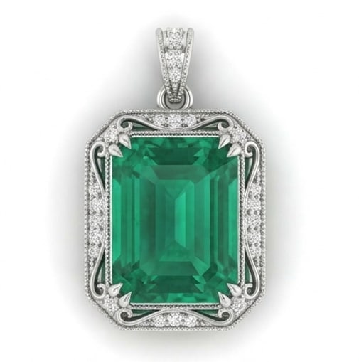 4.5 Ct Emerald Natural Emerald 14K White Gold Vintage Scroll Pendant with Halo – Certified: This certified fine jewelry piece features a 4.5 carat natural Emerald in a Emerald cut, crafted in 14K White Gold. The Vintage Scroll Pendant with Halo design highlights the beauty of the natural cen