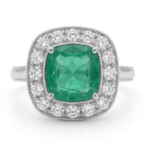 2.5 Ct Cushion Natural Emerald 14K White Gold Vintage Halo Setting Ring – Certified: This certified fine jewelry piece features a 2.5 carat natural Emerald in a Cushion cut, crafted in 14K White Gold. The Vintage Halo Setting design highlights the beauty of the natural center stone. I