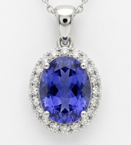 3.0 Ct Oval Natural Tanzanite 14K White Gold Halo Pendant – Certified: This certified fine jewelry piece features a 3.0 carat natural Tanzanite in a Oval cut, crafted in 14K White Gold. The Halo Pendant design highlights the beauty of the natural center stone. It is acce