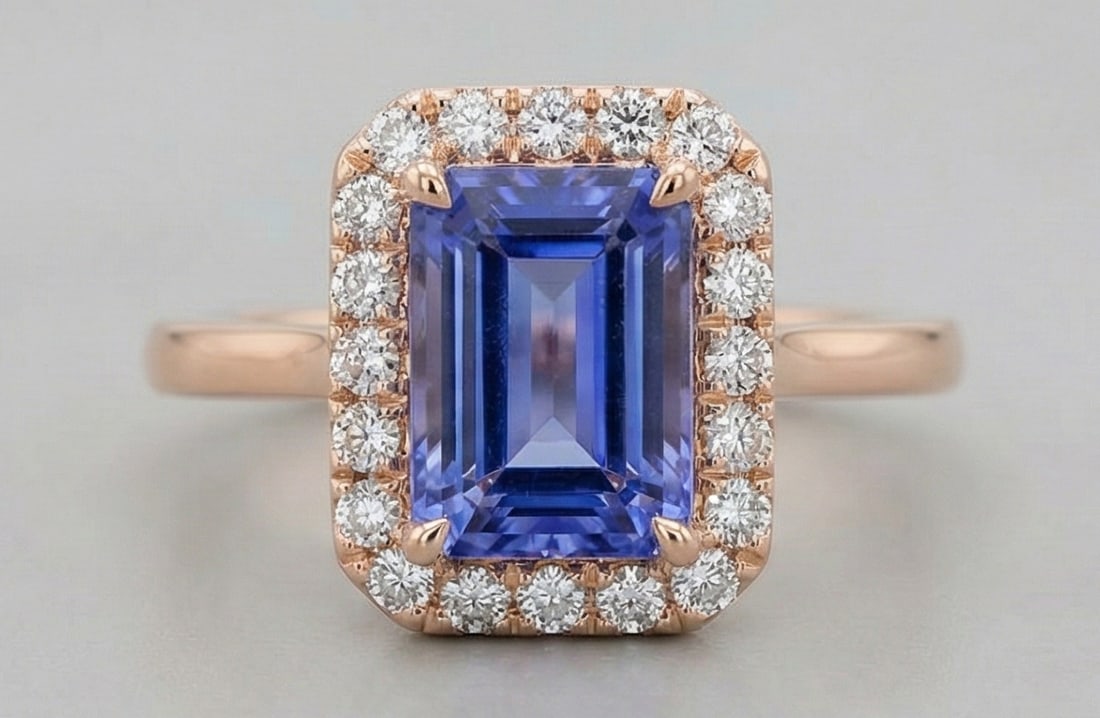 2.0 Ct Emerald Natural Tanzanite 14K Rose Gold Halo Setting with Plain Shank Ring – Certified: This certified fine jewelry piece features a 2.0 carat natural Tanzanite in a Emerald cut, crafted in 14K Rose Gold. The Halo Setting with Plain Shank design highlights the beauty of the natural cente