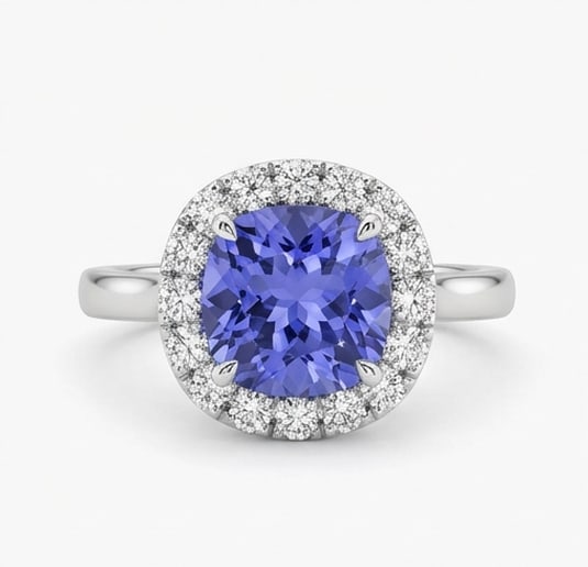 3.0 Ct Cushion Natural Tanzanite 14K White Gold Halo Setting with Split Shank Ring – Certified: This certified fine jewelry piece features a 3.0 carat natural Tanzanite in a Cushion cut, crafted in 14K White Gold. The Halo Setting with Split Shank design highlights the beauty of the natural cent