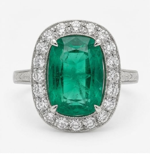 4.5 Ct Cushion Natural Emerald 14K White Gold Vintage Halo with Engraved Shank Ring – Certified: This certified fine jewelry piece features a 4.5 carat natural Emerald in a Cushion cut, crafted in 14K White Gold. The Vintage Halo with Engraved Shank design highlights the beauty of the natural cen