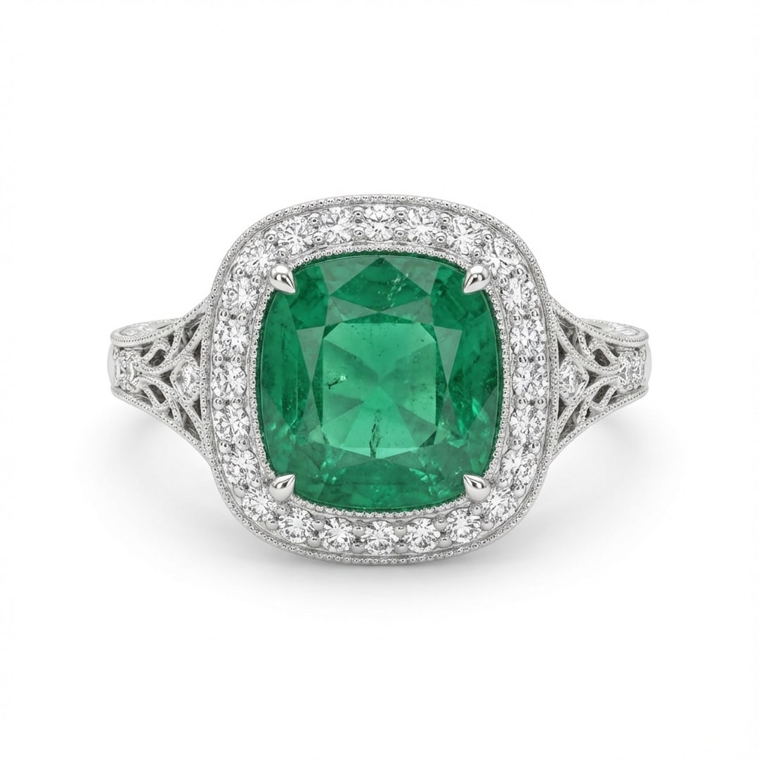 2.5 Ct Cushion Natural Emerald 14K White Gold Vintage Halo with Engraved Shank Ring – Certified: This certified fine jewelry piece features a 2.5 carat natural Emerald in a Cushion cut, crafted in 14K White Gold. The Vintage Halo with Engraved Shank design highlights the beauty of the natural cen