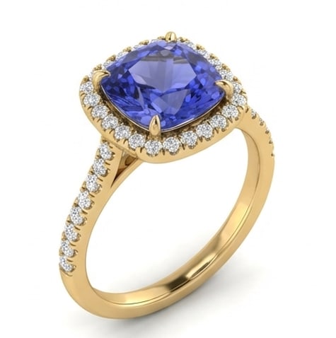 2.5 Ct Cushion Natural Tanzanite 14K Yellow Gold Halo Setting with Pave Shank Ring – Certified: This certified fine jewelry piece features a 2.5 carat natural Tanzanite in a Cushion cut, crafted in 14K Yellow Gold. The Halo Setting with Pave Shank design highlights the beauty of the natural cent