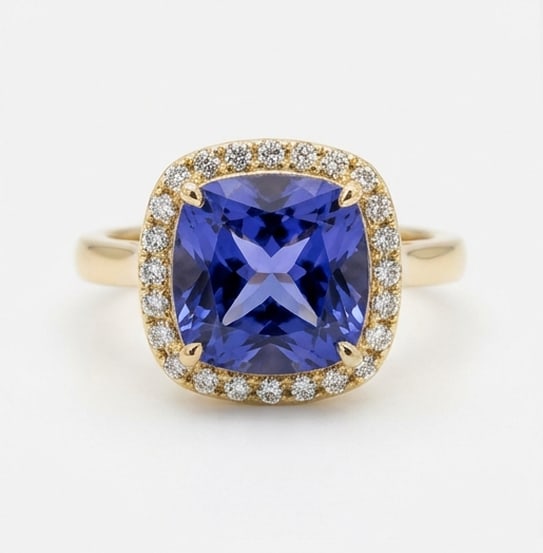 3.0 Ct Cushion Natural Tanzanite 14K Yellow Gold Halo Setting with Detailed Gallery Ring –: This certified fine jewelry piece features a 3.0 carat natural Tanzanite in a Cushion cut, crafted in 14K Yellow Gold. The Halo Setting with Detailed Gallery design highlights the beauty of the natura