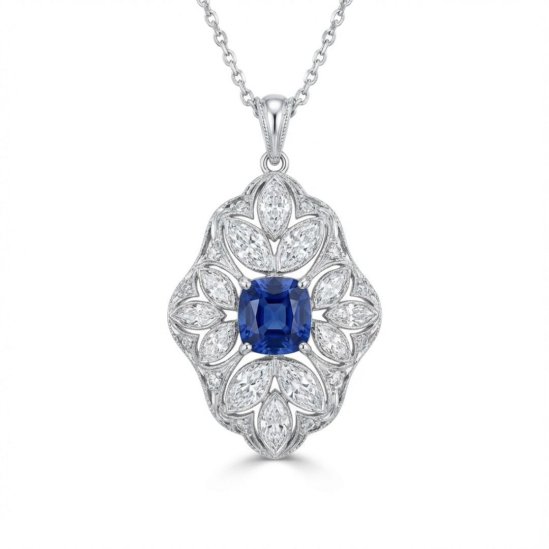 2.0 Ct Cushion Natural Tanzanite 14K White Gold Vintage Filigree Pendant – Certified: This certified fine jewelry piece features a 2.0 carat natural Tanzanite in a Cushion cut, crafted in 14K White Gold. The Vintage Filigree Pendant design highlights the beauty of the natural center st