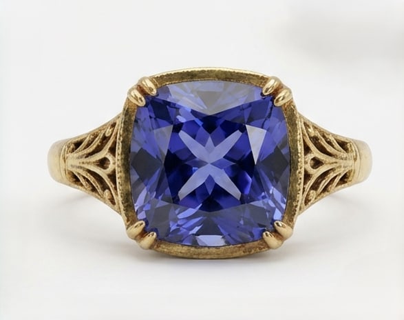 3.0 Ct Cushion Natural Tanzanite 14K Yellow Gold Vintage Scroll/Filigree Solitaire Ring –: This certified fine jewelry piece features a 3.0 carat natural Tanzanite in a Cushion cut, crafted in 14K Yellow Gold. The Vintage Scroll/Filigree Solitaire design highlights the beauty of the natural