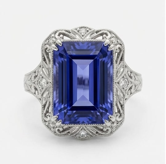 4.0 Ct Emerald Natural Tanzanite 14K White Gold Vintage Filigree Solitaire Ring – Certified: This certified fine jewelry piece features a 4.0 carat natural Tanzanite in a Emerald cut, crafted in 14K White Gold. The Vintage Filigree Solitaire design highlights the beauty of the natural center