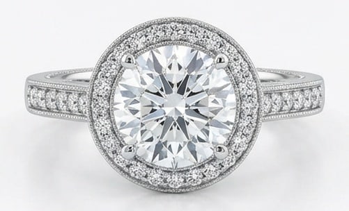 IGI Lab Grown 3.00 Ct Round Brilliant Diamond Ring – Vintage Halo with Pave Band – / in 14K: IGI Certificate Striking and elegant, this ring features a 3.00 carat lab grown Round Brilliant center diamond. Featuring the Vintage Halo with Pave Band styling that frames the centerpiece and shapes