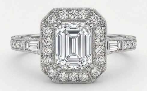 IGI Lab Grown 4.00 Ct Emerald Cut Diamond Ring – Art Deco Geometric Halo with Baguettes – / in: Designed to stand out, this ring presents a 4.00 carat IGI Certificate lab grown Emerald Cut center diamond Color E-F Clarity VVS1-VS1 . Side Stone lab grown diamond White Gold gives the piece a refin