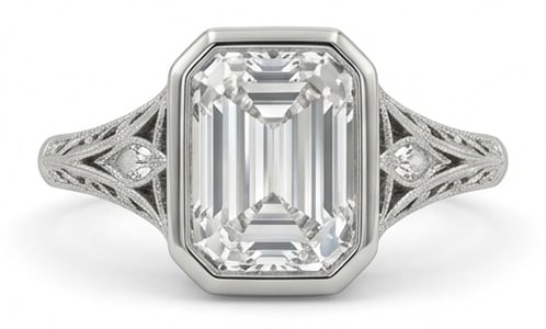 IGI Lab Grown 6.00 Ct Emerald Cut Diamond Ring – Vintage Bezel Set with Split Shank Filigree – /: IGI Certified Lab Grown Diamond Center Stone Color E-F Clarity VVS1-VS1 Side Stone Lab Grown DiamondStriking and elegant, this ring features a 6.00 carat lab grown Emerald Cut center diamond as the fo