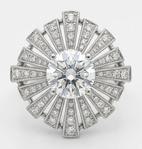 IGI Lab Grown 2.00 Ct Round Brilliant Diamond Ring – Art Deco Sunburst / Ballerina Halo – / in: IGI Certified Lab Grown Diamond Center Stone Color E-F Clarity VVS1-VS1 Side Stone Lab Grown DiamondGraceful and eye-catching, this ring is set with a 2.00 carat lab grown Round Brilliant center diamo
