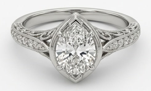 IGI Lab Grown 2.00 Ct Marquise Diamond Ring – Vintage Bezel Set with Milgrain Details – / in 14K: IGI Certified Lab Grown Diamond Center Stone Color E-F Clarity VVS1-VS1 Side Stone Lab Grown DiamondBeautifully styled, this ring is anchored by a 2.00 carat lab grown Marquise center diamond as the f