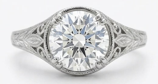 IGI Lab Grown 5.00 Ct Round Brilliant Diamond Ring Vintage Engraved Solitaire with Filigree Details: IGI Certified Lab Grown Diamond Center Stone Color E-F Clarity VVS1-VS1Designed to stand out, this ring presents a 5.00 carat lab grown Round Brilliant center diamond. White Gold gives the piece a ref