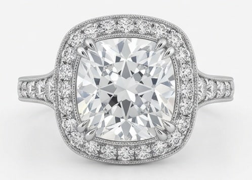 IGI Lab Grown 3.00 Ct Cushion (Old Mine Look) Diamond Ring – Classic Cushion Halo with Tapered: IGI Certified Lab Grown Diamond Center Stone Color E-F Clarity VVS1-VS1 Side Stone Lab Grown DiamondGraceful and eye-catching, this ring is set with a 3.00 carat lab grown Cushion (Old Mine Look) cent
