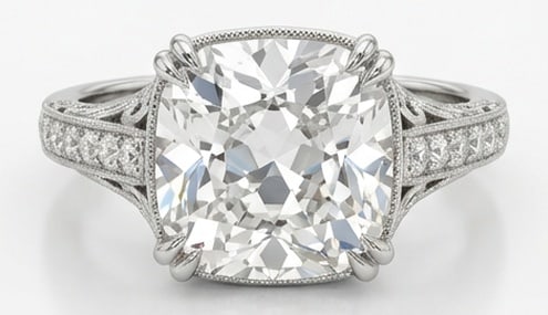 IGI Lab Grown 6.00 Ct Cushion (Old Mine Look) Diamond Ring – Vintage Solitaire with Split Shank &: IGI Certified Lab Grown Diamond Center Stone Color E-F Clarity VVS1-VS1 Side Stone Lab Grown DiamondBeautifully styled, this ring is anchored by a 6.00 carat lab grown Cushion (Old Mine Look) center d