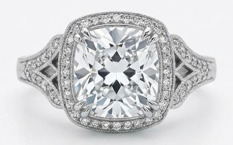 IGI Lab Grown 6.00 Ct Cushion (Old Mine Look) Diamond Ring – Vintage Split Shank Cushion Halo –: IGI Certified Lab Grown Diamond Center Stone Color E-F Clarity VVS1-VS1 Side Stone Lab Grown Diamond Beautifully styled, this ring is anchored by a 6.00 carat lab grown Cushion (Old Mine Look) center