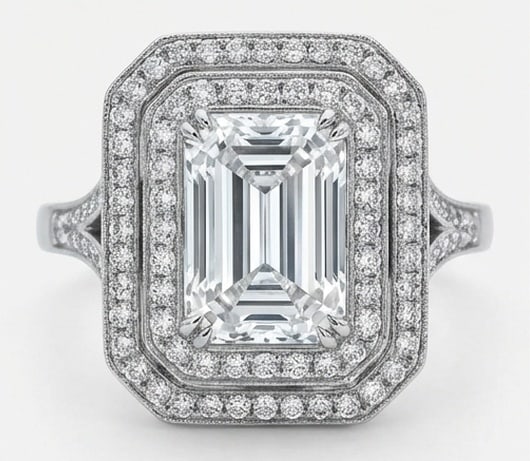 IGI Lab Grown 4.00 Ct Emerald Cut Diamond Ring – Art Deco Double Halo Split Shank – / in 14K: IGI Certified Lab Grown Diamond Center Stone Color E-F Clarity VVS1-VS1 Side Stone Lab Grown Diamond Chic and distinctive, this ring showcases a 4.00 carat lab grown Emerald Cut center diamond. White