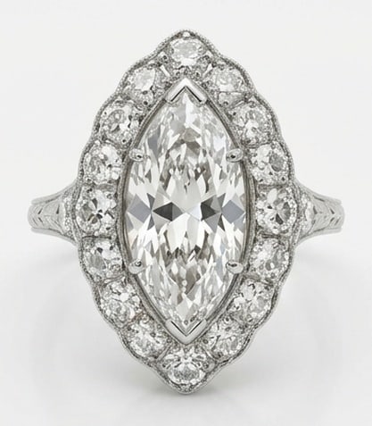 IGI Lab Grown 3.00 Ct Marquise Diamond Ring – Antique Scalloped Halo with Milgrain – / in 14K (1 of 4)