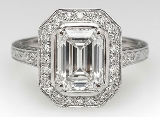 IGI Lab Grown 5.00 Ct Emerald Cut Diamond Ring – Vintage Bezel Set Halo with Engraved Shank – / (1 of 3)
