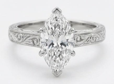 IGI Lab Grown 3.00 Ct Marquise Diamond Ring – Vintage Solitaire with Hand-Engraved Scrolls – /: IGI Certified Lab Grown Diamond Center Stone Color E-F Clarity VVS1-VS1 Classic with a contemporary edge, this ring spotlights a 3.00 carat lab grown Marquise center diamond. Set in White Gold , the r