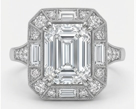 IGI Lab Grown 4.00 Ct Emerald Cut Diamond Ring – Art Deco Geometric Halo (Emerald & Baguette) – (1 of 4)